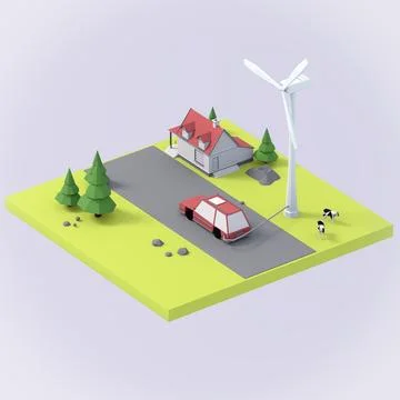 Low poly wind turbine on a flying island. Green energy concept Ilustração Stock