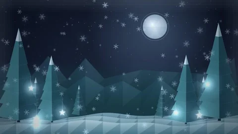 Low poly winter night landscape with pine trees, moon, and falling snow 스톡 동영상 347400837