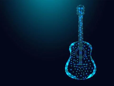 Low poly wireframe acoustic guitar on dark blue background. Stock Illustration