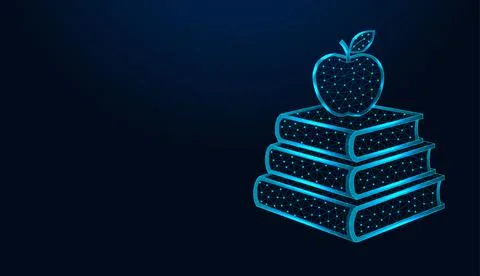 Low poly wireframe apple on stack of books on dark blue background. Stock Illustration