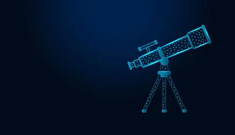 Low poly wireframe astronomical telescope on dark blue background. Stock Illustration