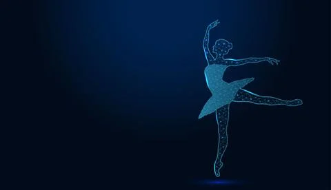 Low poly wireframe ballerina dancing on dark blue background. Stock Illustration