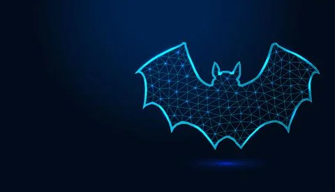 Low poly wireframe bat flying on dark blue background. Stock Illustration