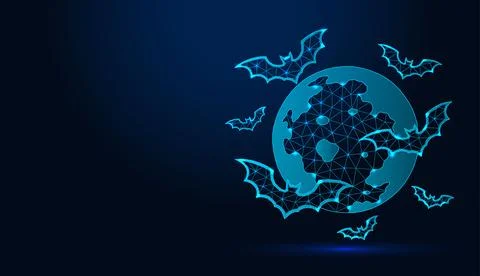 Low poly wireframe bats flying around full moon on dark blue background.	 Stock Illustration