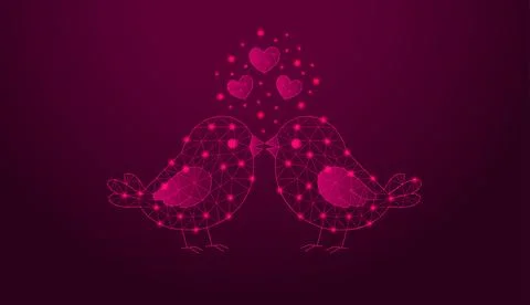 Low poly wireframe birds in love with hearts on dark background. Ilustração Stock
