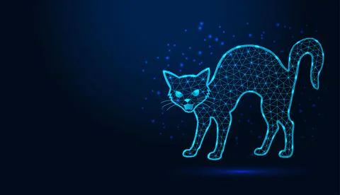 Low poly wireframe black cat arching its back on dark blue background. Stock Illustration