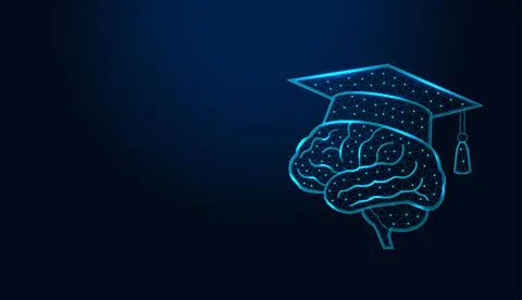 Low poly wireframe brain with graduation cap on dark blue background. Stock Illustration