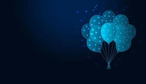 Low poly wireframe bunch of balloons on dark blue background. Stock Illustration
