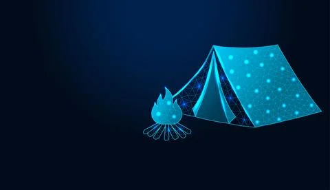 Low poly wireframe camping tent and campfire icon. Иллюстрация