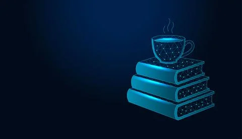 Low poly wireframe coffee cup on stack of books on dark blue background. イラスト素材