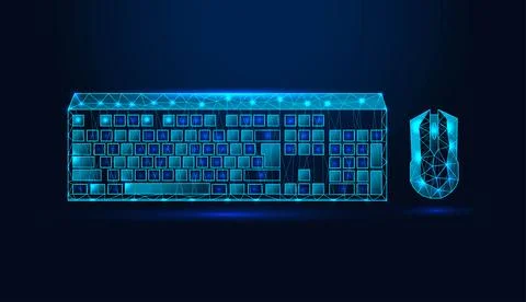 Low poly wireframe computer keyboard and mouse on dark blue background. Illustrazione stock