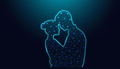 Low poly wireframe couple silhouette on dark blue background. 库存插图