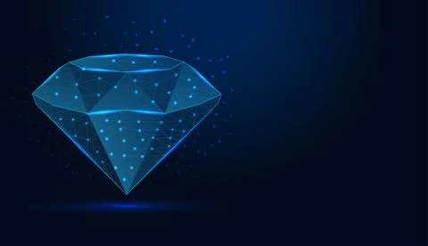 Low poly wireframe diamond gemstone on dark blue background. Stock Illustration