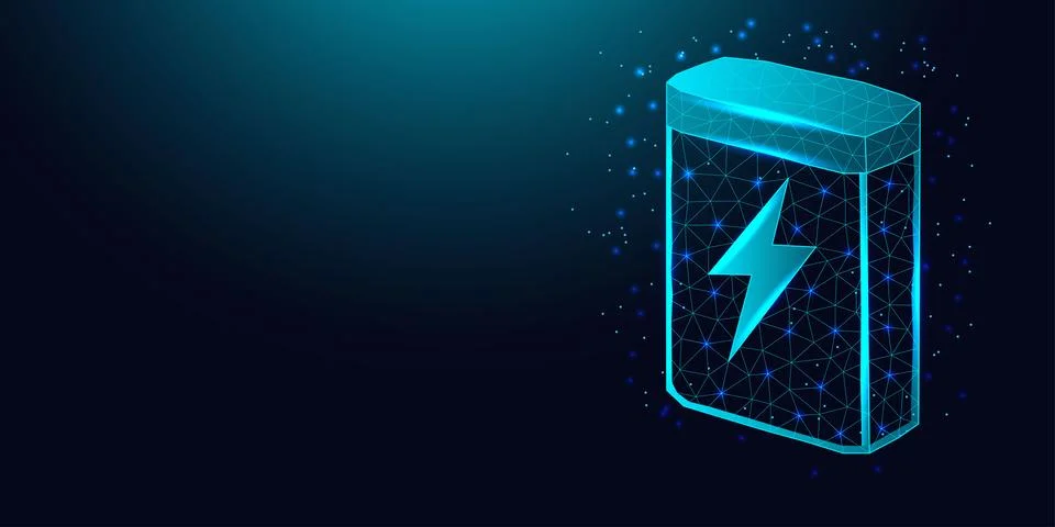 Low poly wireframe digital battery icon with lightning bolt. Иллюстрация