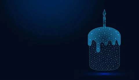 Low poly wireframe easter cake with candle on dark blue background. Stock Illustration