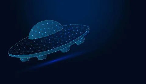 Low poly wireframe flying saucer ufo on dark blue background. Stock Illustration