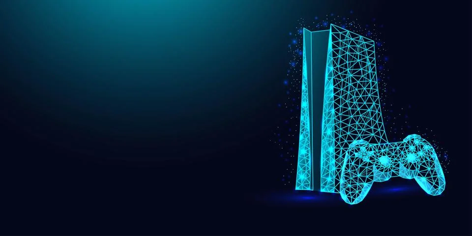 Low poly wireframe game console and controller on dark blue background. Stock Illustration