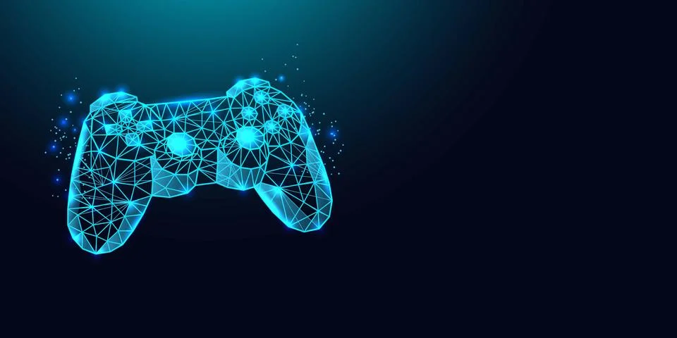 Low poly wireframe game controller on dark blue background.	 스톡 일러스트