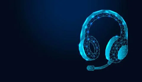 Low poly wireframe gaming headset with microphone on dark blue background. Stock Illustration
