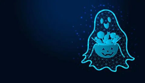 Low poly wireframe ghost holding pumpkin bucket with candy on dark blue backgrou Stockillustratie