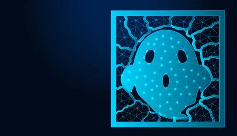 Low poly wireframe ghost icon inside frame on dark blue background. Stockillustratie
