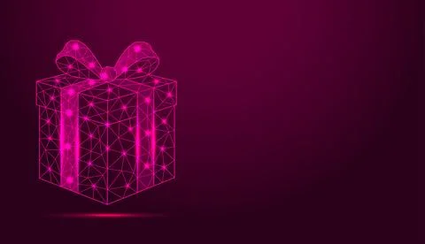 Low poly wireframe gift box with bow on dark background. Stock Illustration