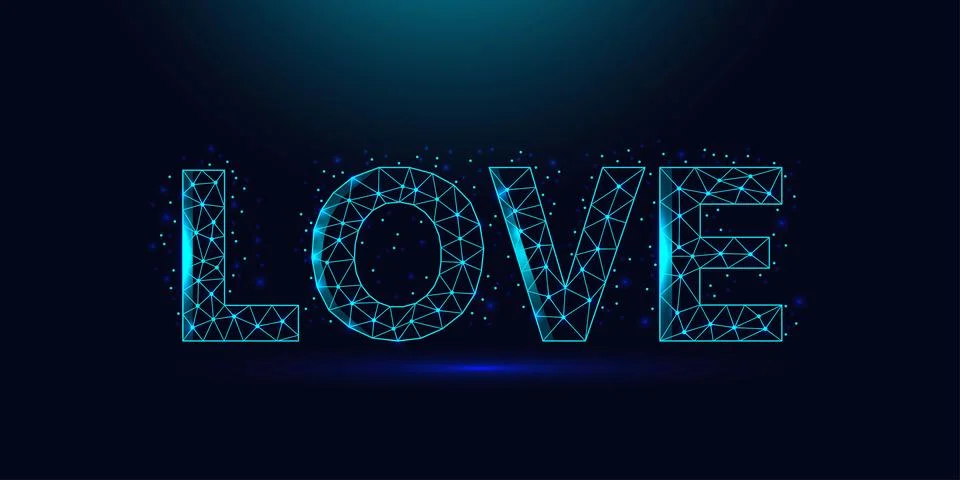 Low poly wireframe glowing word love on dark blue background. Stock Illustration