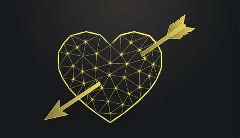 Low poly wireframe gold heart pierced by an arrow on dark background. Иллюстрация