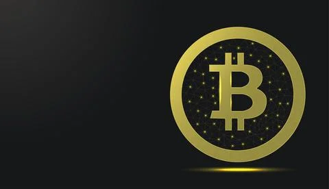 Low poly wireframe golden bitcoin symbol on dark background. Иллюстрация