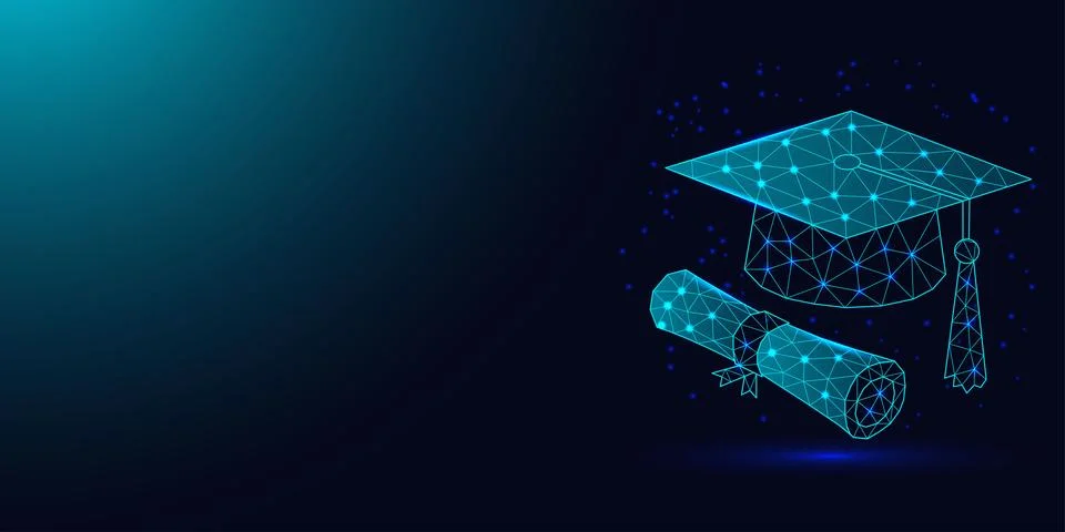 Low poly wireframe graduation hat and diploma on dark blue background. Illustration