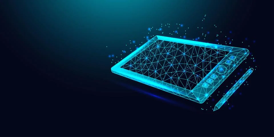 Low poly wireframe graphics tablet and stylus on dark blue background. Stock Illustration