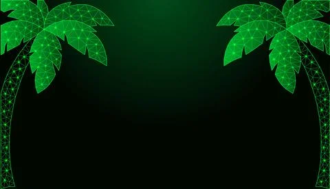 Low poly wireframe green palm trees on dark background. Stock Illustration