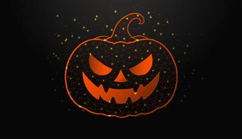 Low poly wireframe Halloween pumpkin jack o lantern on dark background. Illustration