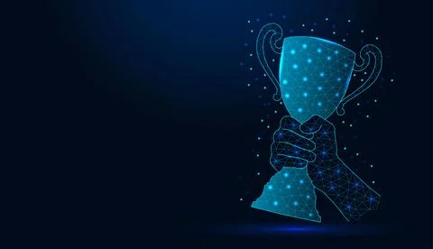 Low poly wireframe hand holding winner cup trophy on dark blue background. Stock Illustration