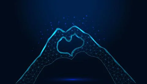 Low poly wireframe hands forming heart shape on dark blue background. Stock Illustration
