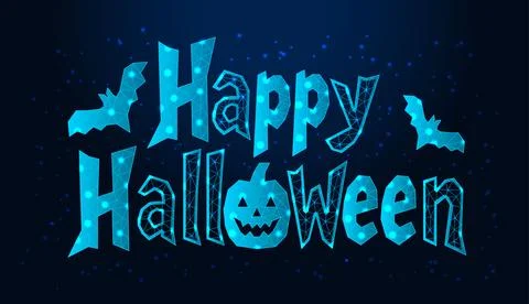 Low poly wireframe happy halloween text with pumpkin and bats on dark blue backg Stock Illustration