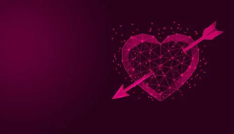 Low poly wireframe heart pierced by an arrow on dark pink background. Stock Illustration