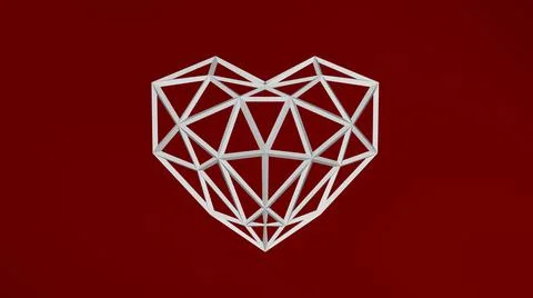 Low poly wireframe heart on red background. 3d illustration. 3d rendering Stock Illustration