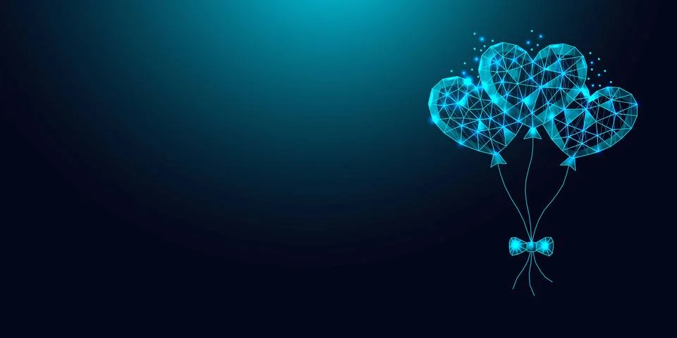 Low poly wireframe heart shaped balloons with bow on dark blue background. Stock Illustration