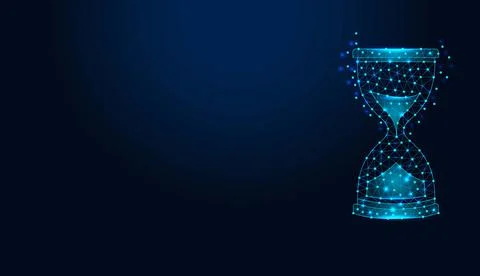 Low poly wireframe hourglass on dark blue background. Stock Illustration