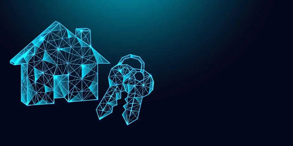 Low poly wireframe house with keys on dark blue background. Stock Illustration