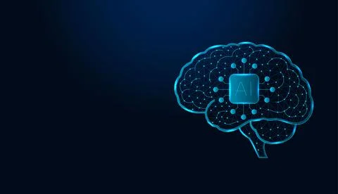 Low poly wireframe human brain artificial intelligence on dark blue background. Иллюстрация