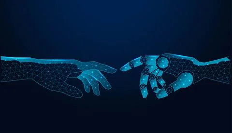 Low poly wireframe human hand and robot hand reaching for each other on dark blu Illustrazione stock