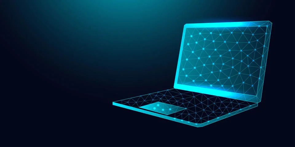 Low poly wireframe laptop on dark blue background. Stock Illustration