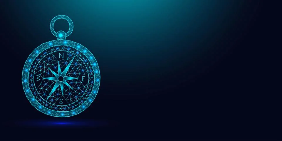 Low poly wireframe magnetic compass on dark blue background. Stock Illustration