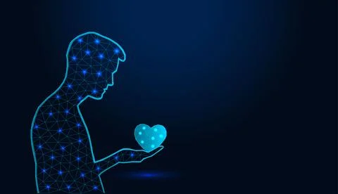 Low poly wireframe man holding a heart in his hand on dark blue background. Stock Illustration