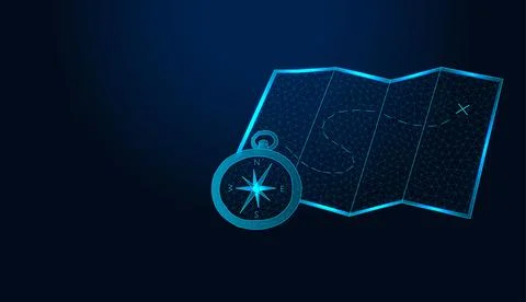 Low poly wireframe map and compass navigation on dark blue background. Stock Illustration