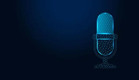 Low poly wireframe microphone on dark blue background. Stock Illustration
