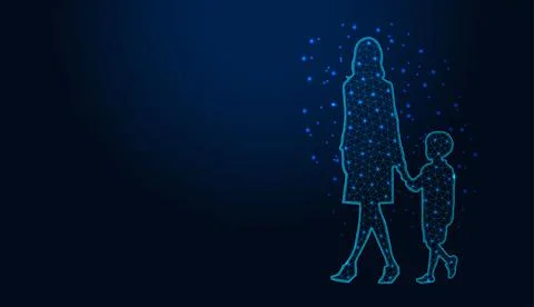 Low poly wireframe mother holding hands with her child on dark blue background. Stock Illustration