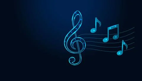 Low poly wireframe music notes and treble clef on dark blue background. Stock Illustration